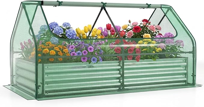 HAPPYGRILL Raised Garden Bed with Cover Outdoor Planter Raised Bed w/2 Large Zipper Mesh Screen Windows Galvanized Metal Planter Box for Gardening Flowers Vegetables (Green &amp Silver)