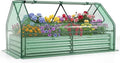 HAPPYGRILL Raised Garden Bed with Cover Outdoor Planter Raised Bed w/2 Large Zipper Mesh Screen Windows Galvanized Metal Planter Box for Gardening Flowers Vegetables (Green &amp Silver)