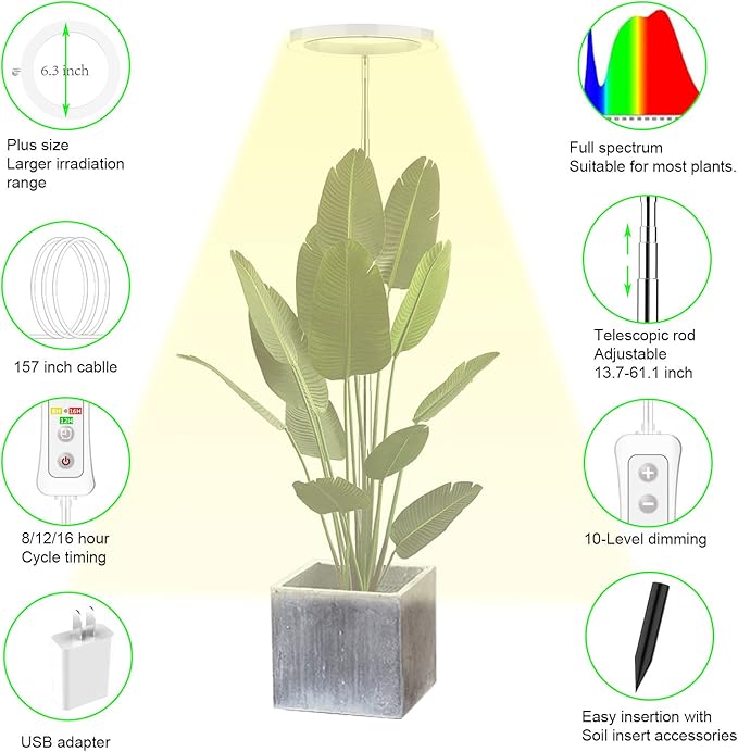 Plant Grow Lightyadoker LED Growing Light Full Spectrum for Indoor PlantsHeight Adjustable Automatic Timer 5V Low Safe Voltage