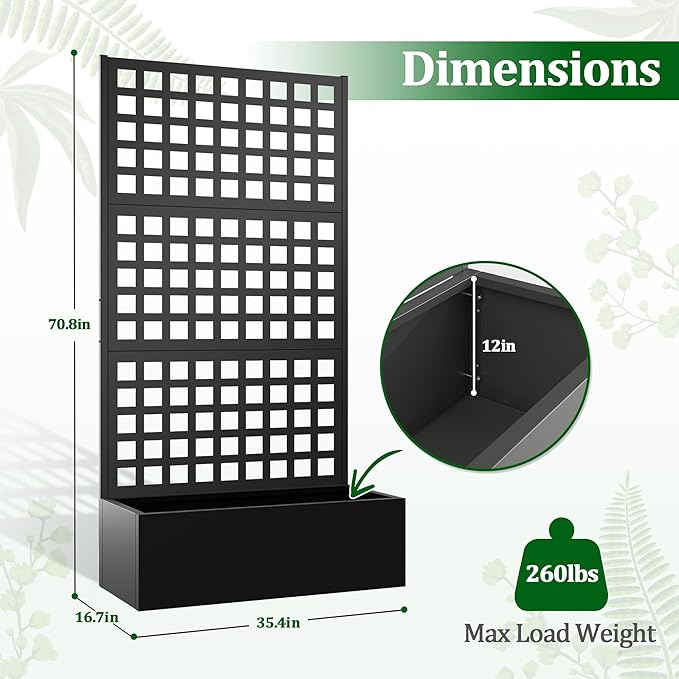 Metal Raised Garden Bed with Trellis 2 in 1 Trellis with Planter Box &amp Privacy Screen for Climbing Plants Vine Outdoor Standing Flower Beds with Drainage Holes 35.4 L x 16.7 W x 70.8 H Bla