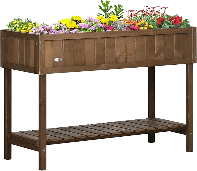 43x18x30in Raised Garden Bed with 8 Pockets and Shelf Wooden Elevated Planter Box with Legs to Grow Herbs Vegetables and Flowers Dark Brown