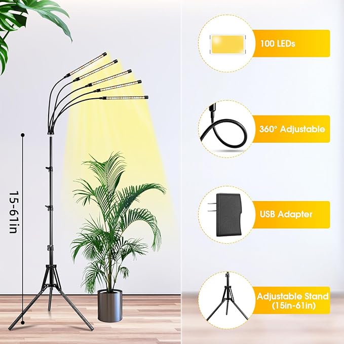 Wolezek Grow Lights for Indoor Plants Full Spectrum 100 LEDs Plant Lights for Indoor Growing with Adjustable Stand 5-Head Plant Grow Lamp with Auto 6/12/16H Timer Ideal for Large &amp Tall Plants