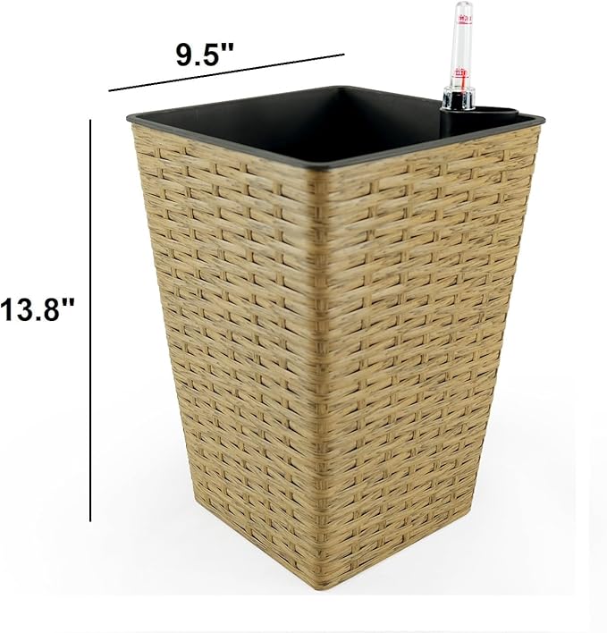 2 Pack Smart Self Watering Square Planter for Indoor and Outdoor Hand Woven Wicker Brown