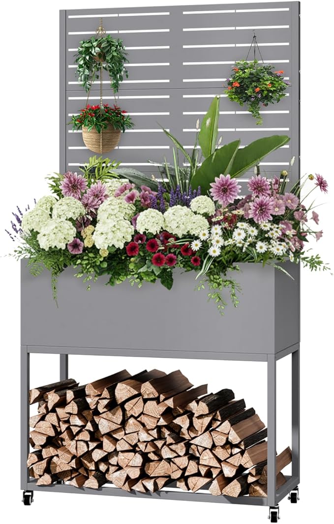 Raised Garden Bed with Trellis Metal Raised Planter Box with Trellis Privacy Planters for Patio Raised Garden Beds Outdoor Standing with Drainage Holes Wheels Grey