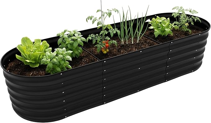Relaxdays Raised Bed Galvanised Metal for Flowers Plants &amp Vegetables H x D x D: 45 x 200 x 60 cm Oval Plant Bed Black