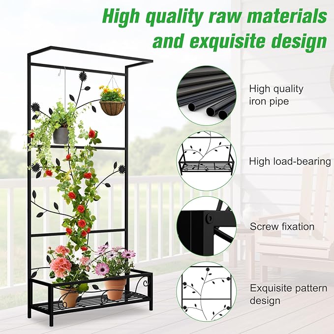 Kinsuite Raised Garden Bed with Flower Stand - Metal Planters for Outdoor Plants Planter Box for Climbing Plants Vegetables Vertical Garden for Living Room Balcony Garden Decor Black