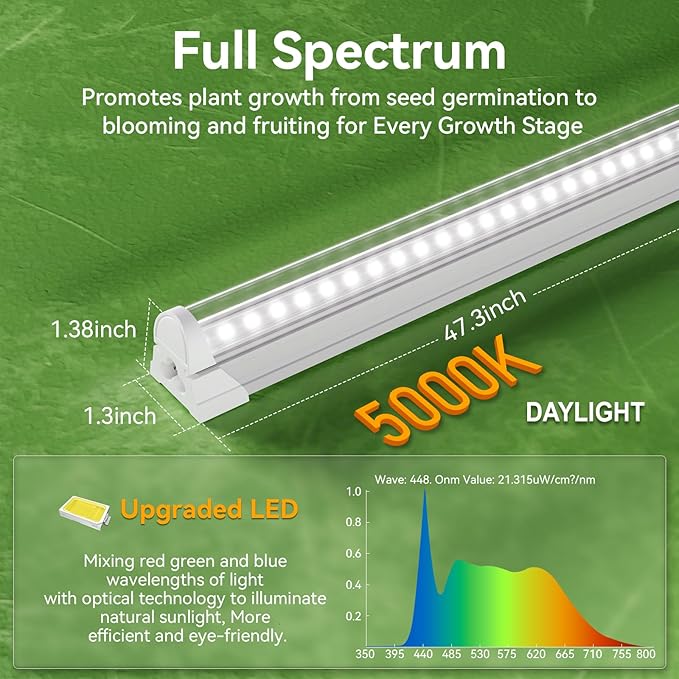 4FT Grow Lights for Indoor PlantsT8 5000K Full Spectrum Plant Light270W(6 x 45W) LED Grow Light Strips with Timer Aluminum Reflector LinkablePlant Growing Lamp Fixture for Greenhouse Indoor 6pcs