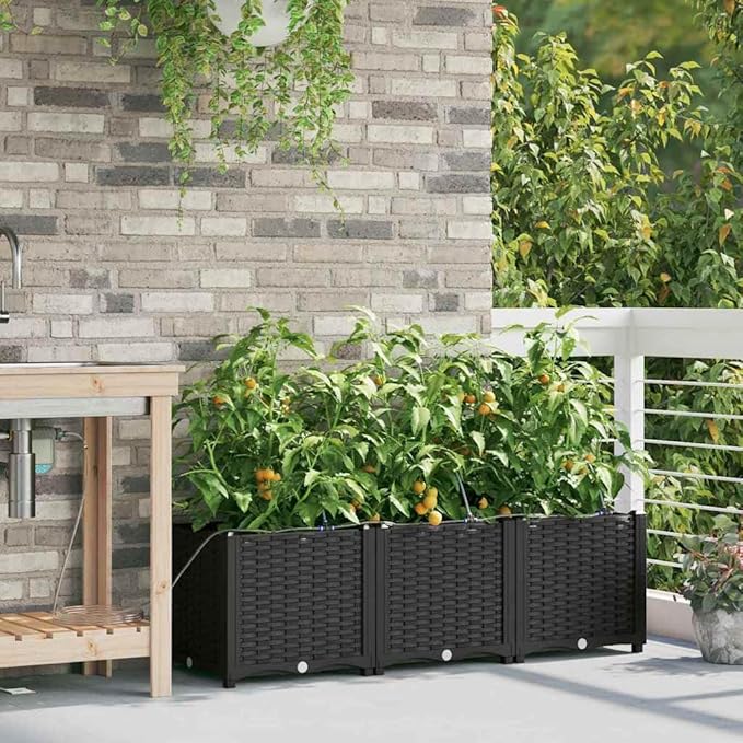 3 Pack Black Steel Garden Planter Box Set 47x16 with Irrigation Modern Outdoor Raised Bed for Vegetables Herbs Robust Patio Flower Box Kit for Balcony Terrace Backyard