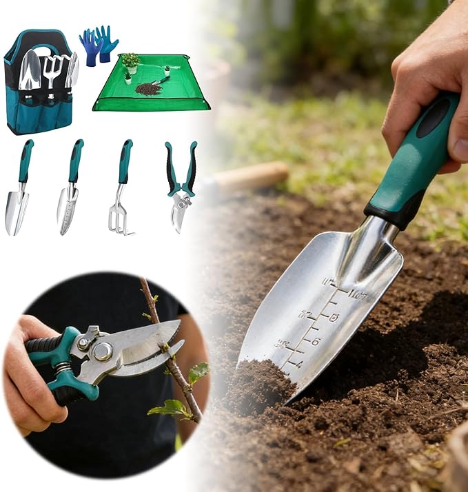7 Piece Gardening Tools Set Garden Tool Set (Including 1 Pruning Shears 2 Garden Trowel 1 Small Rake 1 Pair of Gloves 1 Mat 1 Storage Bag) Garden Hand Tools for Weeding Cultivating