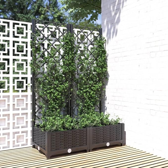 Black Garden Planter with Trellis 31.5x31.5x47.8 in Durable Matte Polypropylene Raised Outdoor Flower Box for Patio Balcony Terrace