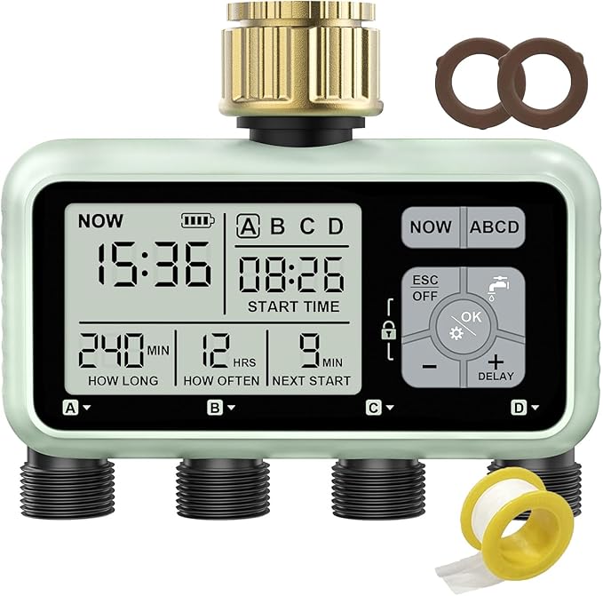 Watering Timer 4 Zone with with Brass Inlet Sprinkler Timer Programmable Garden Outdoor Hose Faucet Timers with Rain Delay/Manual/Automatic Watering SystemWater Hose Irrigation Timers 4 Outlet