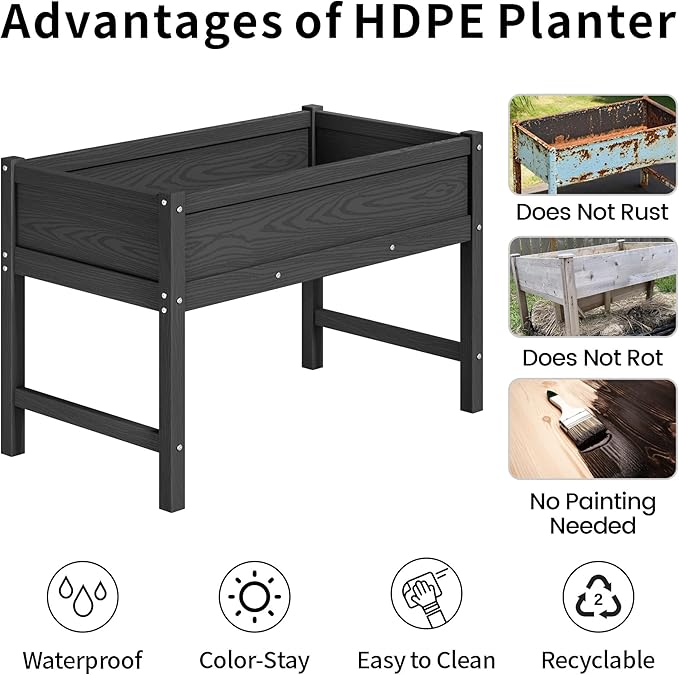 HDPE Raised Garden Planting Bed with LegsGarden Boxes Outdoor Raised with Drainage Hole Rot-ResistantRaised Beds for Gardening for Backyard Patio Balcony 300 lb Capacity (Black)
