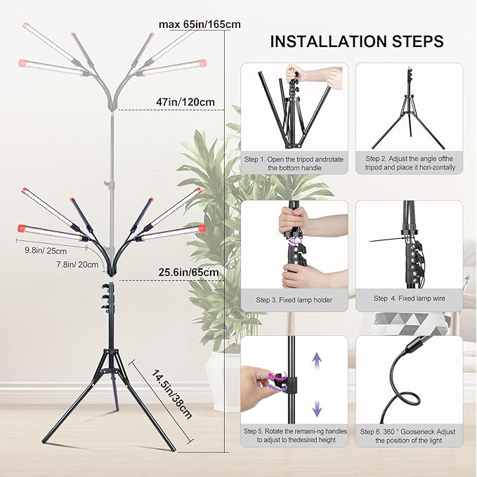 6Head Grow Light with Stand for Tall and Large Indoor Plants Bonsai Tree Big Coverage and Bright Plant Growing Lamps 4/8/12/16/20H Timer 54 Watt Power Draw NO Need Adapter 360° Gooseneck