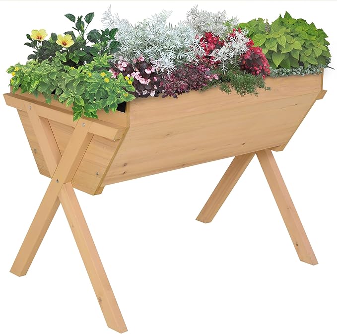 Outsunny 39'' x 28'' Raised Garden Bed with Legs Elevated Wooden Planter Box with Bed Liner for Vegetables Flowers Herbs Backyard Patio Balcony