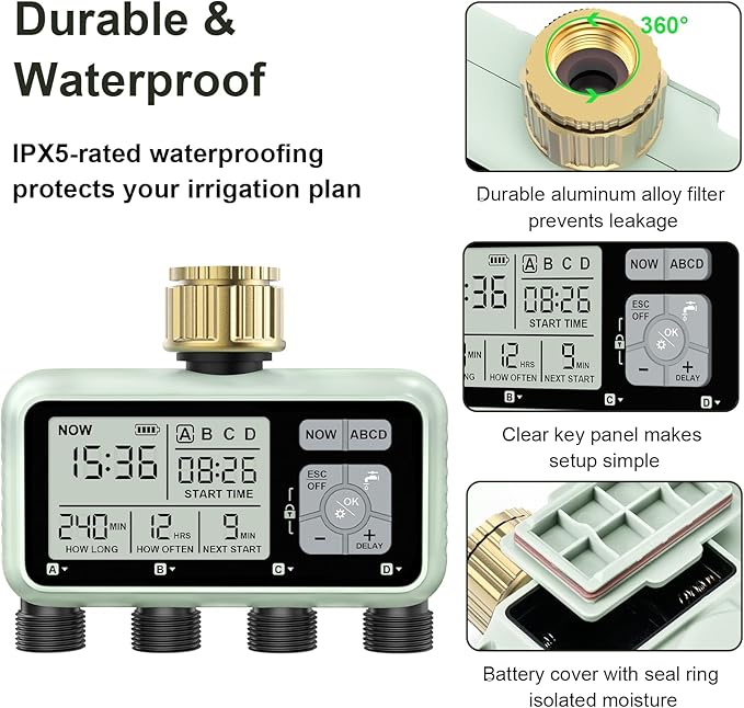 Watering Timer 4 Zone with with Brass Inlet Sprinkler Timer Programmable Garden Outdoor Hose Faucet Timers with Rain Delay/Manual/Automatic Watering SystemWater Hose Irrigation Timers 4 Outlet