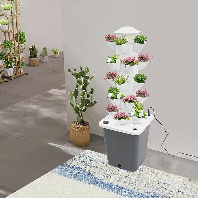 Hydroponic Tower Vertical Planter Tower Hydroponics Growing System Kit Food Grade Home Gardening Mechanism with 25 Pods (Grey)