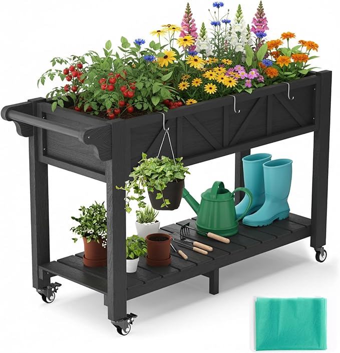 HIPS All-Weather Raised Garden Bed with Legs47.2L x 17.3W x 29.7H Large Elevated Planter Box with Wheels &amp HandleRaised Bed Planters with 3 Hooks &amp Non-Woven Liner for Vegetables Flower H