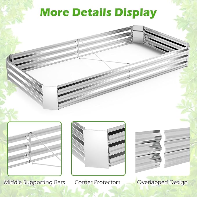 HAPPYGRILL 8x4x1FT Galvanized Raised Garden Bed Outdoor Metal Planter Box for Vegetable Flower Fruit Herb Galvanized Metal Garden Box with Open-Ended Base