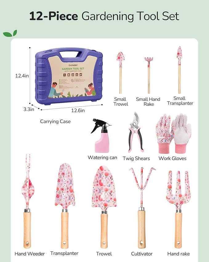 12-Piece Womens Gardening Tools Gift Set Rust-Proof &amp Heavy-Duty Garden Tools with Durable Carrying Case Fashionable &amp Thoughtful Gardening Gifts for Women&ampMen (Purple)