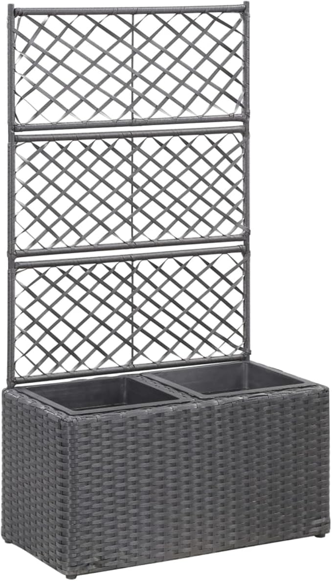 Raised Bed Planter Trellis Design with 2 Pots 22.8x11.8x42.1 Inches Black Poly Rattan for Climbing Plants and Flowers in Garden or Terrace