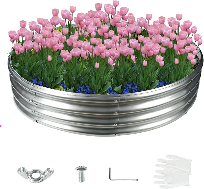 5FT Diameter Galvanized Garden Raised Bed/Plant Box/Fire Pit Ring-0.8mm Thick12 Inch TallCrimped Edge and CornerNo SharpePerfect for Plantings (Silver 60 Dia X 11.5 inches)
