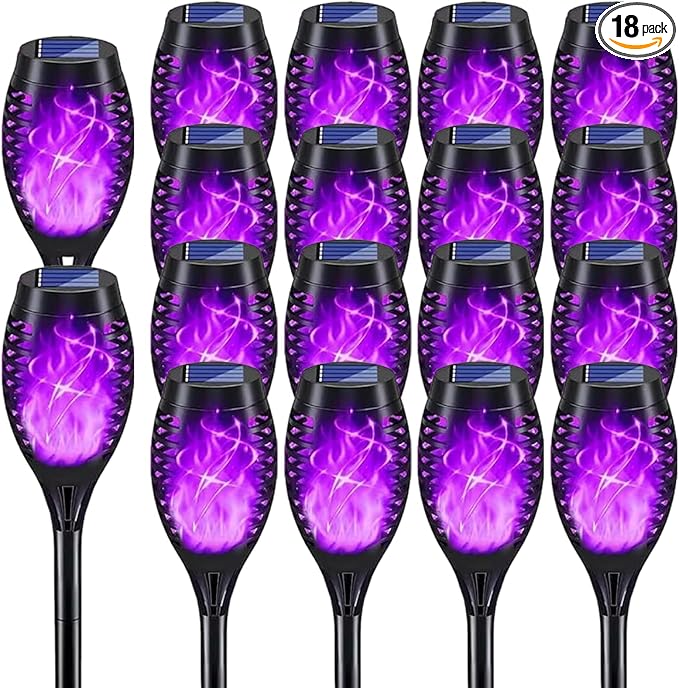 Solar Lights Outdoor Decorations Upgraded Purple Flickering Flame Waterproof Halloween Torch Lights Tiki Torches for Outside Patio Pathway Decor 6 Pack (18)