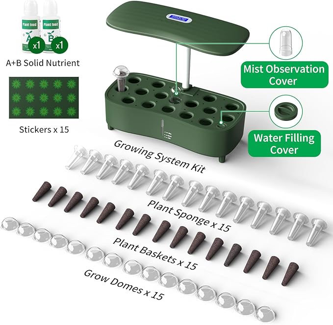 Hydroponics Growing System Kit Indoor Aeroponics Herb Garden Kit 15 Pods 3 Grow Modes 24H Timer Gardening System Quiet Smart Water Pump Hydroponic Planter Summer/Winter Use (Dark Green)