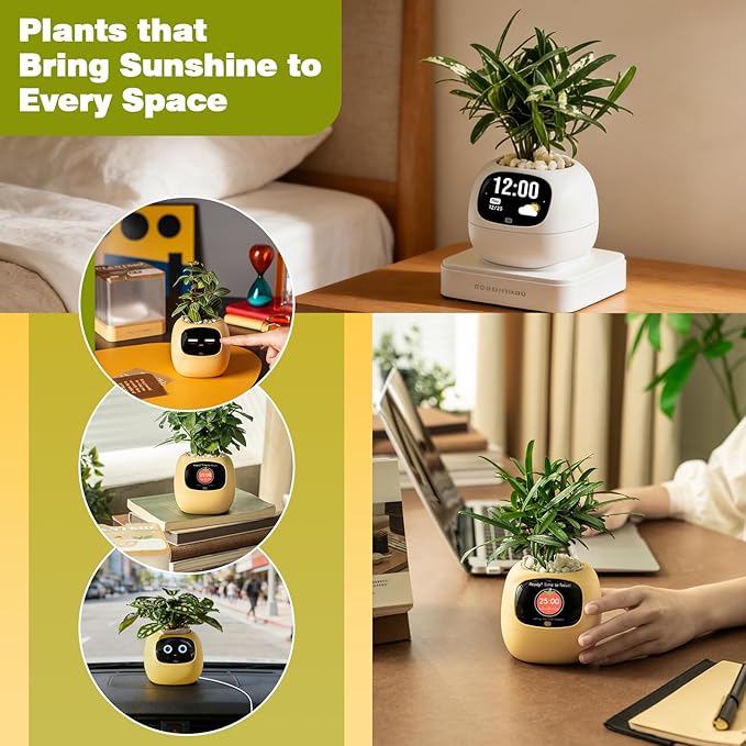 Smart Planter with App Control Self-Watering AI Plant Pot with LCD Display Interactive Desk Plant Companion for 100+ Plants Smart Indoor Planter with Pomodoro Timer80ml ReservoirCalendar-Yellow