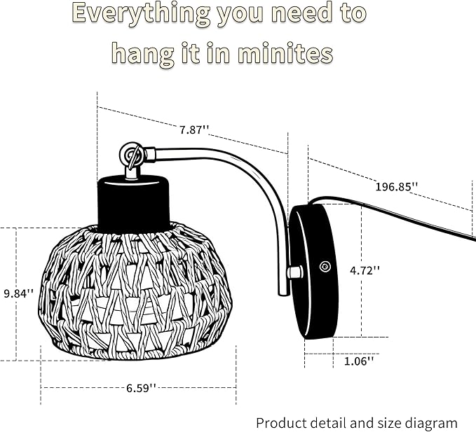 Hanging Grow Lights for Indoor Plants Auto Cycle Timer 18W Full Spectrum Wall Mounted Grow Light Boho Rattan Lantern Shade Adjustable Head 16 FT Power Cord for Indoor Plant Growing Flowers