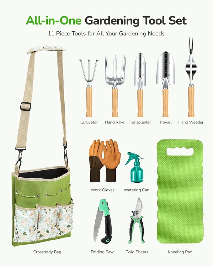 All-in-One Garden Tool Set 11-Piece Heavy Duty Gardening Tools with Ergonomic Canvas Shoulder Crossbody Bag Rust-Proof Premium Garden Tool Kit Gardening Gift for Women Men Green GR003