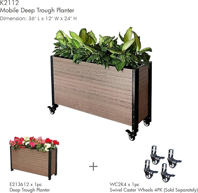 Everbloom Modular Deep Trough Wood Plastic Composite Planter in Brown 36 L x 12 W x 21 H - Grow Veggies Flowers Herbs Indoor Outdoor Narrow Space Backyard Patio Deck