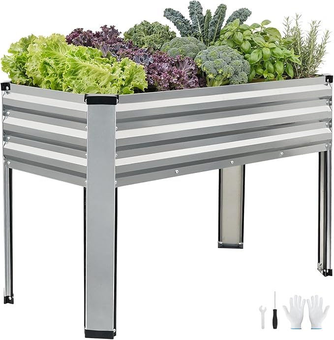Galvanized Raised Garden Bed with Legs 48x24x32in Elevated Raised Garden Bed Outdoor with Drainage Holes Planter Boxes for Gardening Vegetable Flower Fruit in Backyard Patio Balcony (Silver)