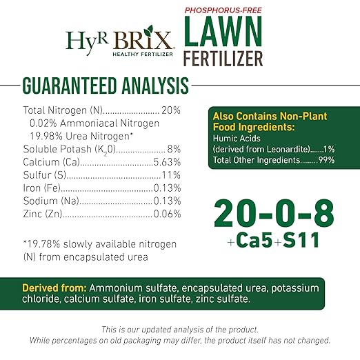 HyR BRIX Slow-Release 20-0-8 Phosphorus-Free Lawn Fertilizer 45lb Bag - Lawn Food with Calcium &amp Sulfur - Essential Micronutrients for Dense Healthy Grass - Covers 4000 Sq Ft