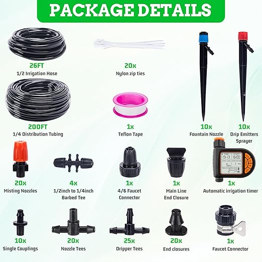 Automatic Drip Irrigation System Kit - 226FT with LCD Timer 3 Sprayer Types Automatic Garden Watering System 1/2 Inch Hose 1/4 Inch Distribution Tubing Garden Watering Solution for Outdoor Plants