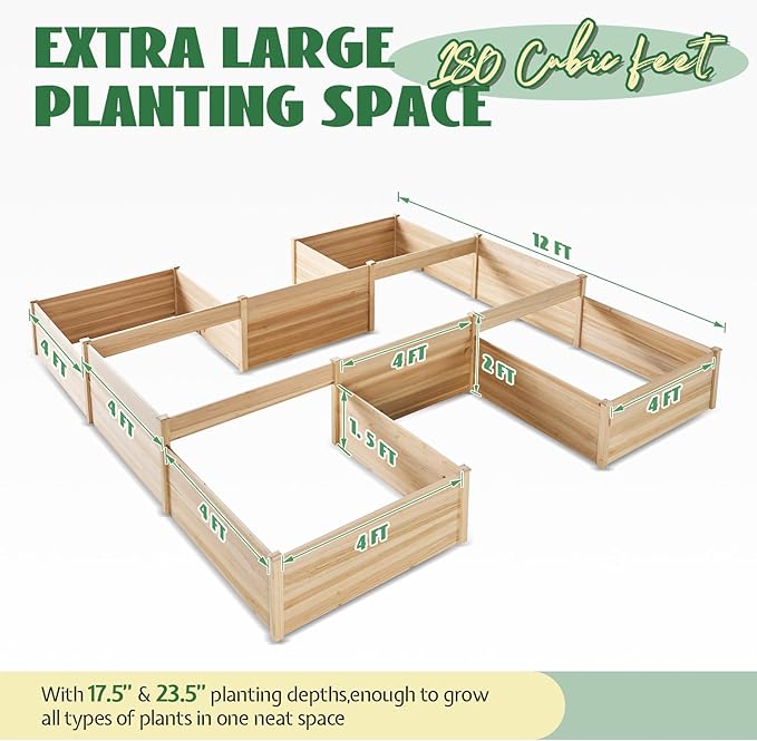 Jocisland H-Shaped Raised Garden Bed 12x12x2 ft 180 cu. ft Capacity Double-Layer Wooden Planter Box for Outdoor Patio Garden