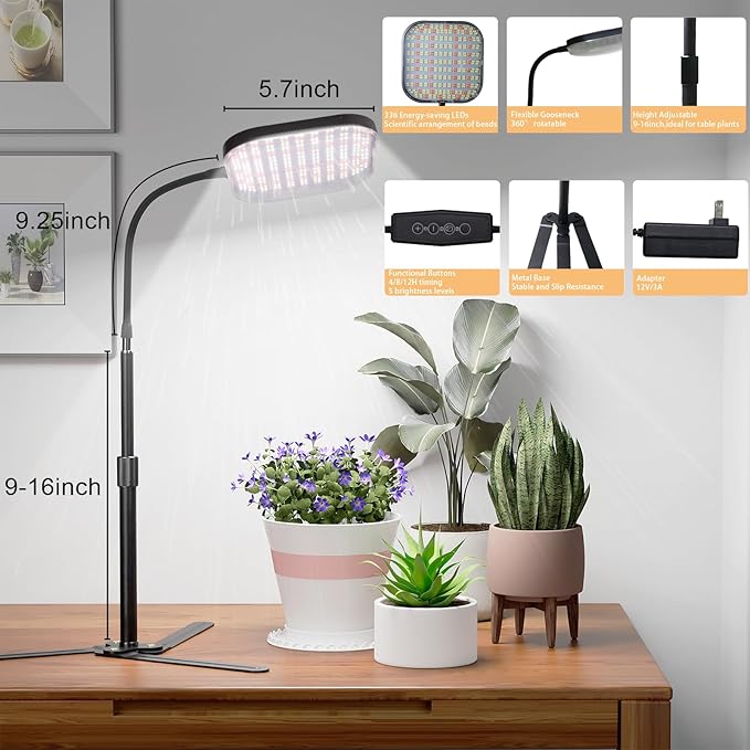 Super-Bright Grow Light 100W 336LEDs 6000K White Full Spectrum Plant Growing Lamp for Home Office Indoor PlantsAdjustable Height &amp Auto Timer 4 8 12Hrs 12V 3A High Power Output for Faster Growt