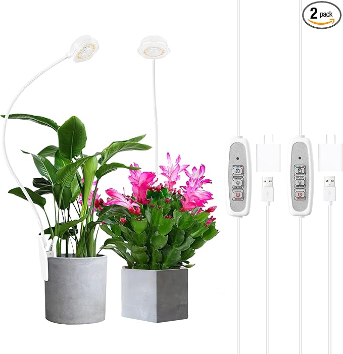 Indoor Small Plant Growth Lights Pot Clip Grow Lights LED Full Spectrum Grow Lamps with 4 Brightness Levels Auto Timer 6/12/ 16 Hrs for Succulents White 2 Pack