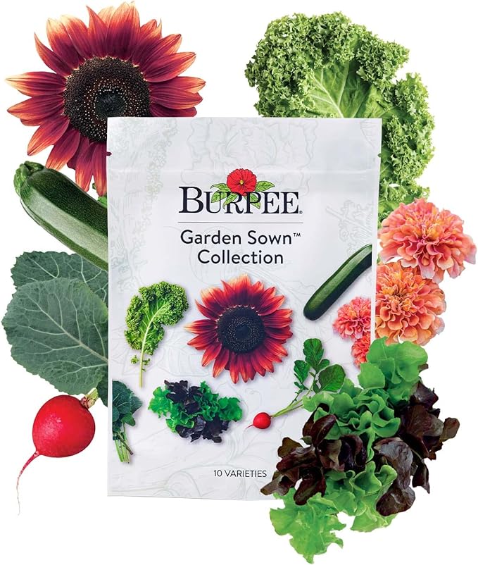 Burpee Garden Sown Flower Herb &amp Vegetable 10 Packs of Non-GMO Basil Lettuce Cucumber Radish Spinach Kale Zucchini Sunflower &amp Marigold Seeds for Planting