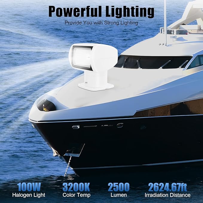 Marine Searchlight 12V 100W Rotating Remote Searchlight with Long Power Cord Marine Remote Spotlight Marine Spotlight Suitable for Yachts Coast Guards Marine Police Fishing Boats
