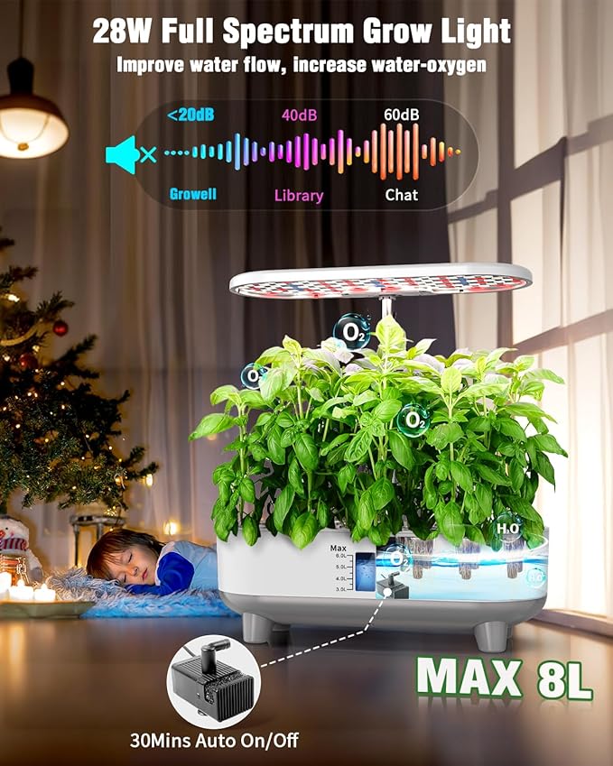 Hydroponics Growing System Kit 16 Pods Indoor Garden with 28W Full Spectrum LED Grow Light Auto Timer 3 Smart Light Modes 8L Large Herb Garden Ideal Gardening Gift for Women Men (White)