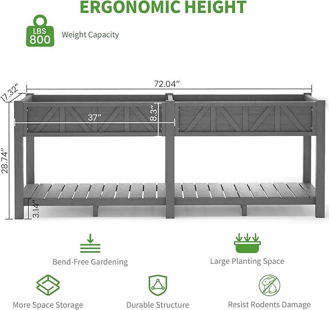 HIPS Elevated Raised Garden Bed with Legs72L x 17.3W x 28.7H Large Outdoor Planter Box with Storage RackAll-Weather Raised Bed Planters with 6 Hooks &amp 2 Non-Woven Liner for Vegetables Flower