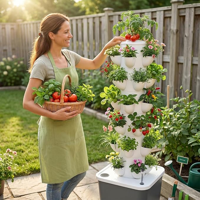 Vertical Hydroponic Tower Garden Growing System - Indoor Planter Kit with 30 Pods Aeroponic-Style Tower for Herbs Vegetables Lettuce &amp Strawberries Home Countertop Grow System Gray