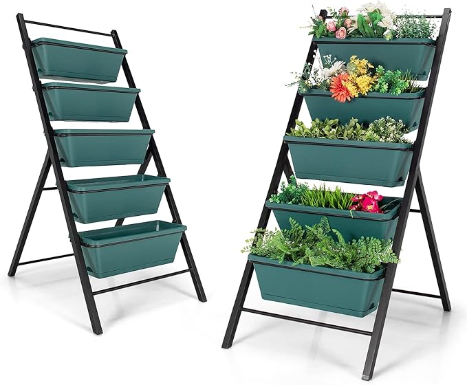 Giantex Set of 2 Vertical Planter Raised Bed Elevated Garden Beds with Water Drainage Hole Freestanding 5 Container Boxes for Herb Vegetables Flowers Growing Outdoor Indoor Patio Balcony