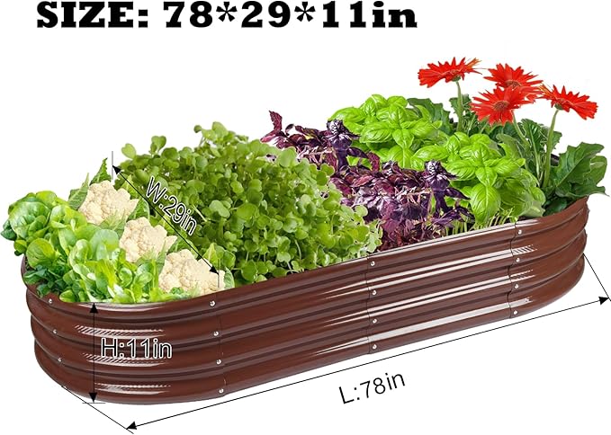 Raised Garden Bed GRS Certified Galvanized Planter Box Outdoor 6.5ft Oval Rot-Resistant Metal Garden Bed Planter Recycled Eco-Friendly Material Planter for Vegetables Flowers Herbs (Brown)