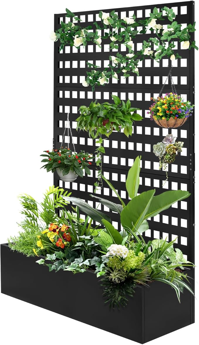 Metal Planter Box with Trellis Raised Garden Bed with Drainage Holes Privacy Planters for Patio as a Privacy Screen for Climbing Plants Outdoor (46x18x71Inch)