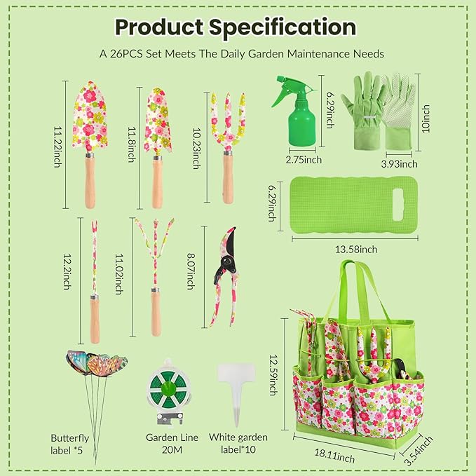 Heavy Duty Floral Gardening Tools Kit - 26PCS Gardening Tool Set with Non-Slip Rubber Handle Complete Gardening Tool Bag Set for Women