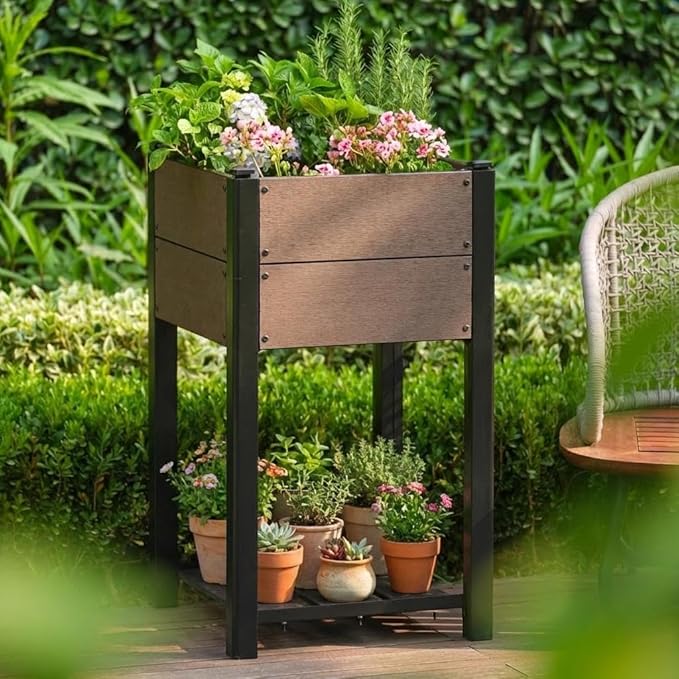 IDEALHOUSE 19.37x19.37x33.46 Raised Garden Bed HDPE Elevated Planter Box with Sturdy Aluminum Frame Wood Grain Outdoor Planter with Storage Shelf for Patio Balcony Lawn