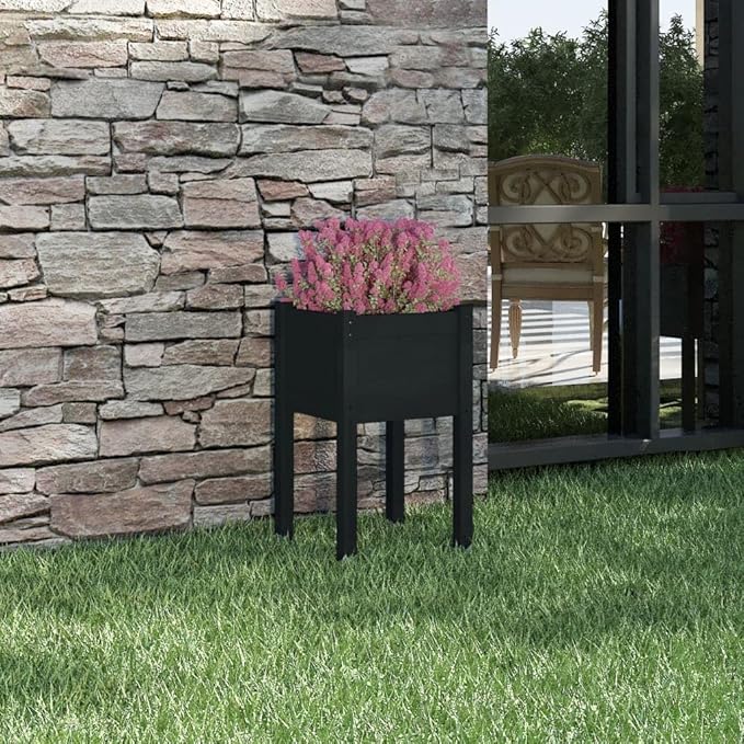 Rustic Black Square Solid Pinewood Garden Planter 15.7x15.7x27.6 in Raised Bed for Balcony Patio Outdoor Elevated Flower Box Easy Assembly