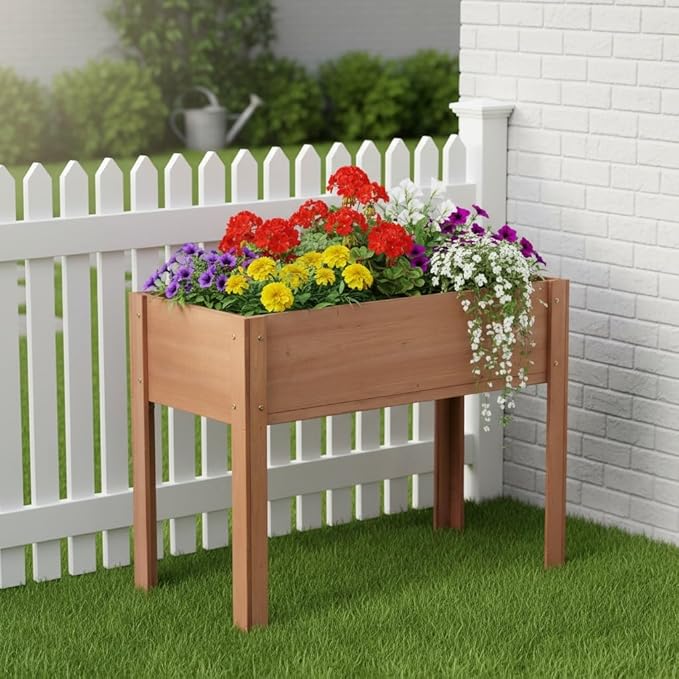 Raised Garden Planter with Legs 40x20x31 Inch Wooden Box for Outdoor Vegetable Fruit Flower and Herb Growing