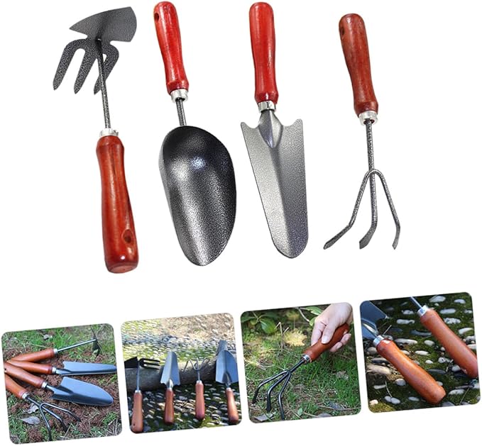 Garden Trowel and Small Shovel Set for Digging and Planting 4pcs Mini Handheld Gardening Tools with Extended Narrow Spade Dual-use Claw Rake and Soil Scoop for Flower Pots
